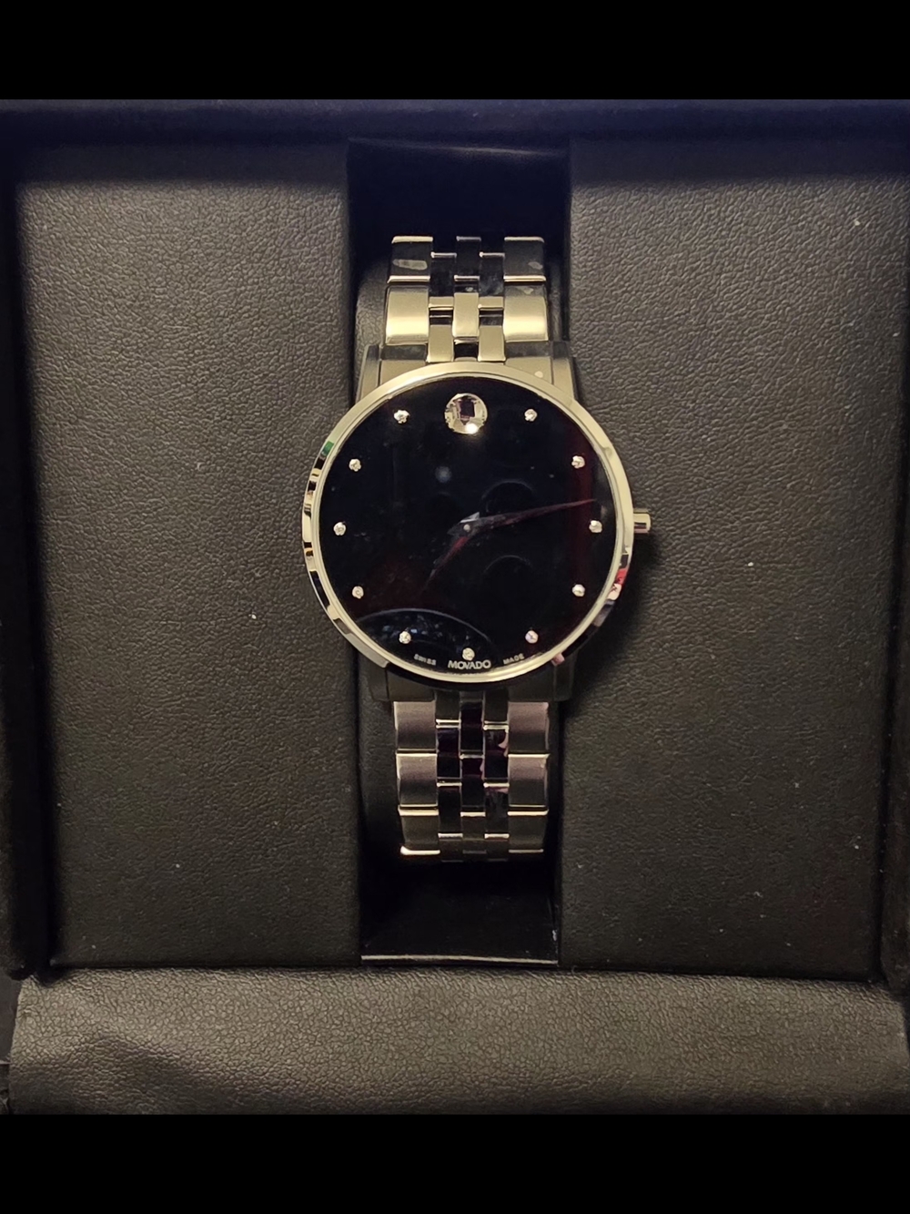 Movado Men's Silver Bracelet Watch with Black Dial and Crystal Markers